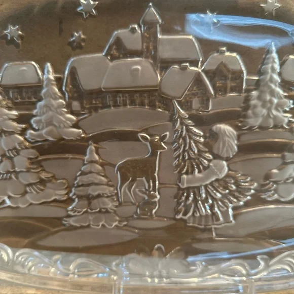 Clear Glass Winter Scene Girl with Christmas Tree and Deer Cookies Platter - Picture 5 of 10